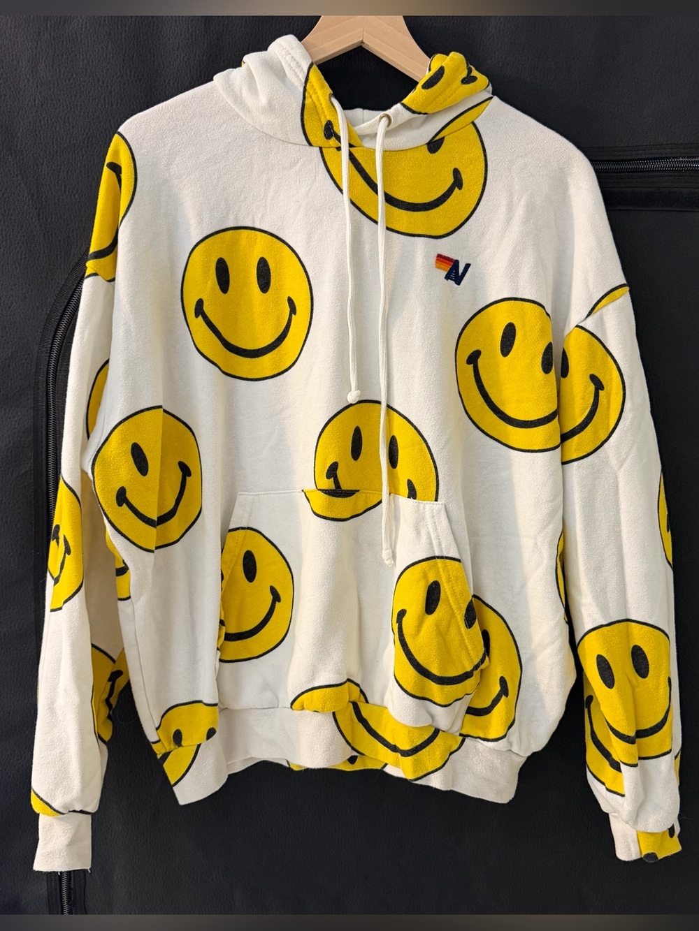 Aviator Nation Smiley Repeat Hoodie Sweatshirt M White
